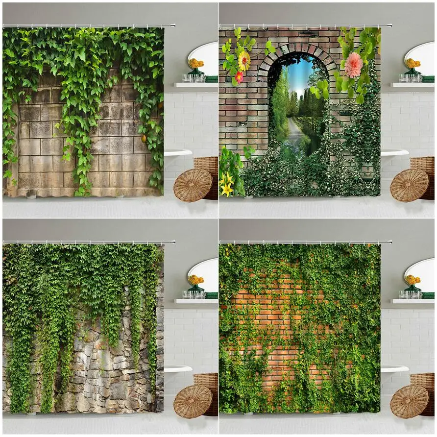 

Green Vine Vintage Stone Brick Wall Shower Curtains Set Natural Plants Leaves Flowers Polyester Fabric Bathroom Decor with Hooks