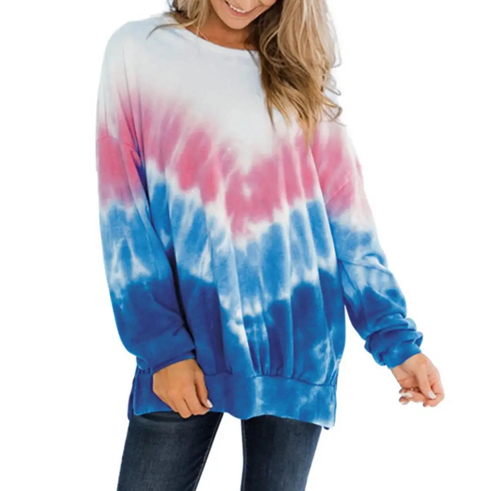 Women Tie-dye Fleece T-shirt Casual O-collar Long Sweatshirt Lady Loose Homewear Spring Autumn Long Sleeve Pullover Tops