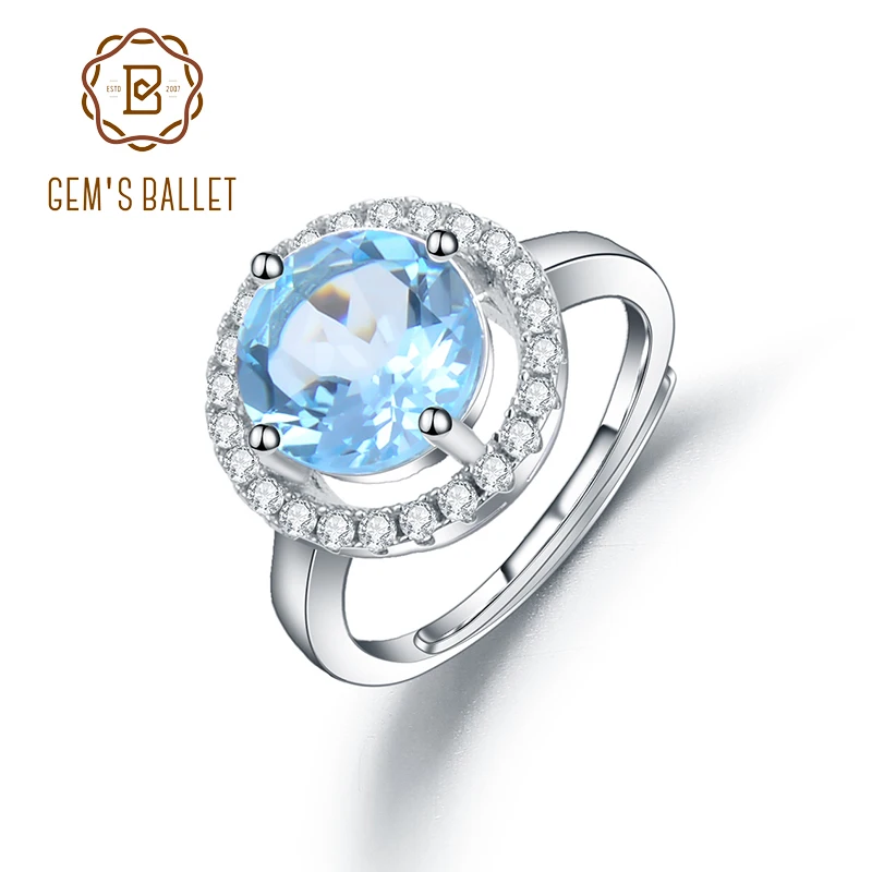 GEM'S BALLET Natural Sky Blue Topaz Adjustable Open Rings For Women 925 Sterling Silver Round Gemstone Halo Ring Fine Jewelry