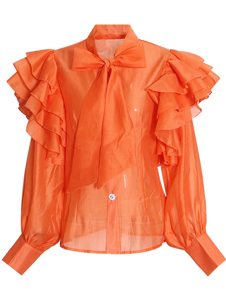 ECRURANI Solid Fold Pleated  Shirt For Women Lapel Long Sleeve Patchwork Ruffle Trim Loose Autumn Fashion Blouse Female 2021 New