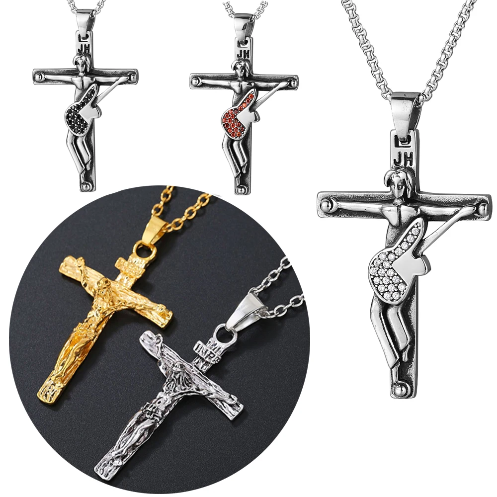 French Rocker Johnny Hallyday Guitar Cross Pendant Necklace Stainless Steel Floating Locket Christian Crucifix Men Jewelry Gift