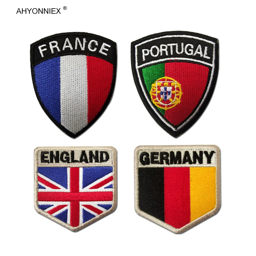 AHYONNIEX 1 szt. Naszywka z flagą kraju, wzór tarczy, opaska na ramię, naklejki na plecak, DIY, Niemcy, Francja, Portugalia, Anglia, wyjątkowa osobowość