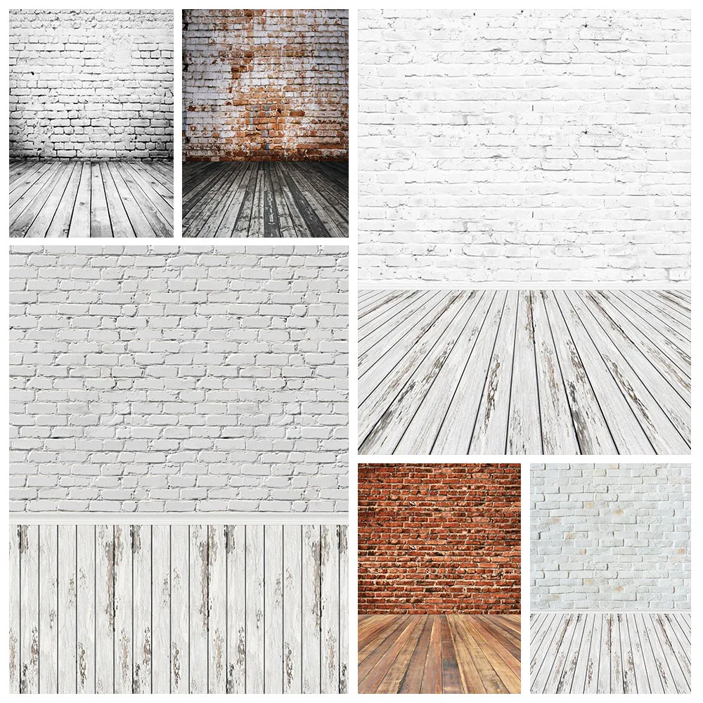 White Brick Wall Wooden Board Floor Backgrounds Vintage Portrait Baby Shower Newborn Toy Photography Backdrops For Photo Studio