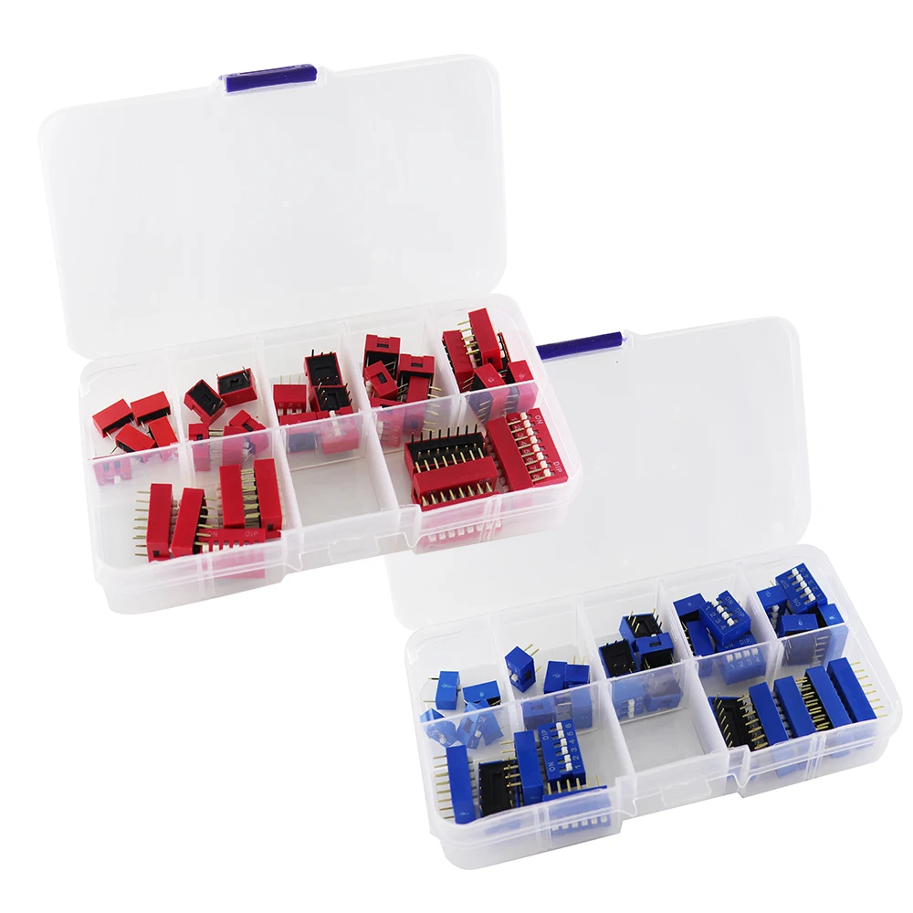 35PCS/LOT Dip Switch Kit In Box 1 2 3 4 5 6 8 Way 2.54mm Toggle Switch Red Snap Switches Mixed Kit Each 5PCS Combination Set