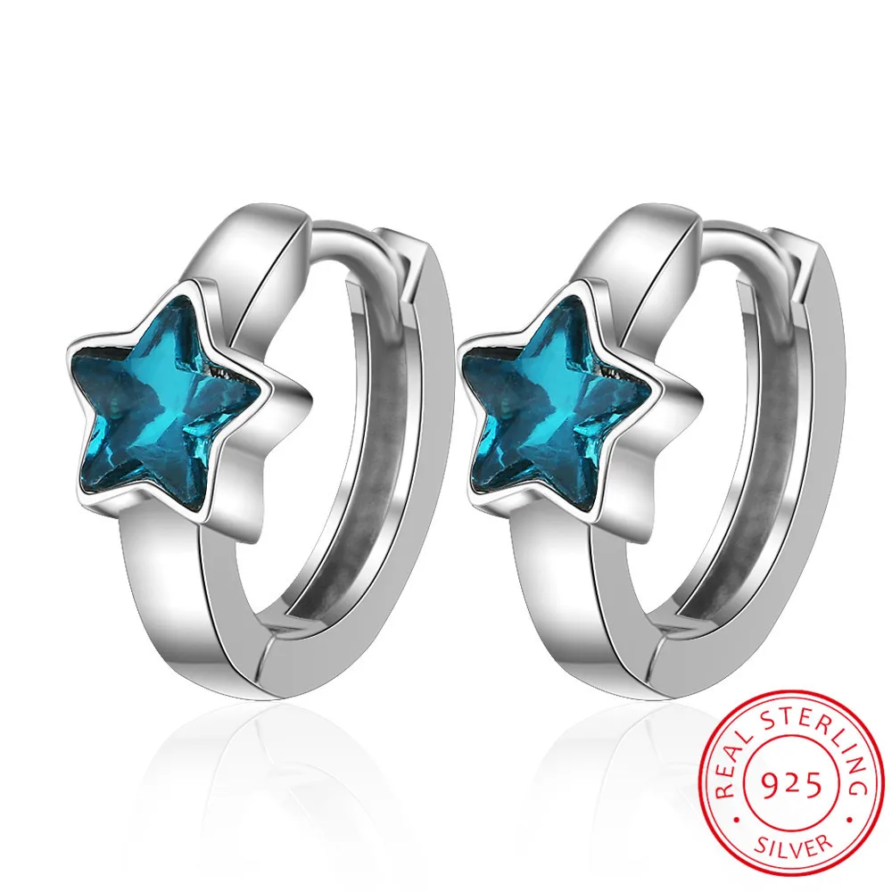 Cute Blue Crystal Stars 925 Sterling Silver Circles Small Loops Huggie Hoops Earrings For Women Jewelry Kids Girls Aros Aretes