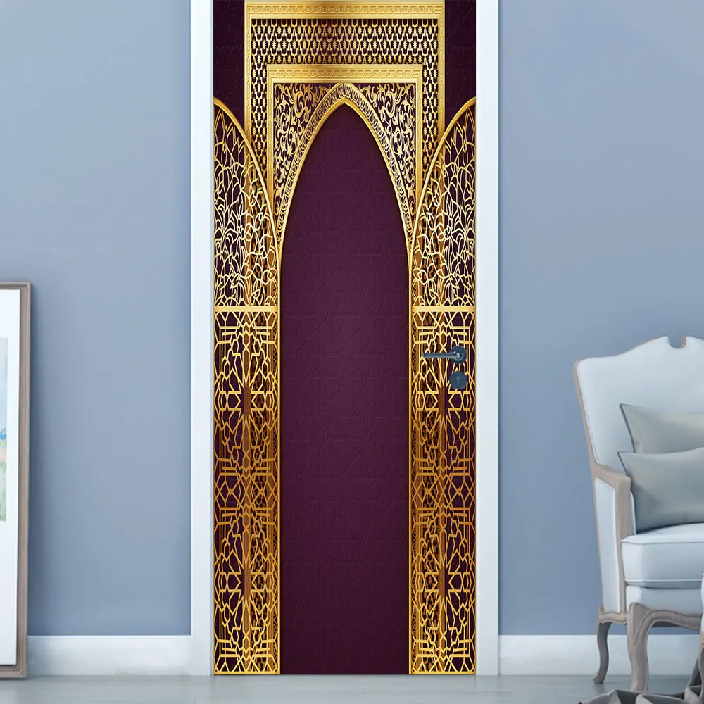 Eid Mubarak Style Simulation Metal Door DIY Door Sticker Home Decoration Wall Sticker Kitchen Wall Decals Peel & Stick Wallpaper