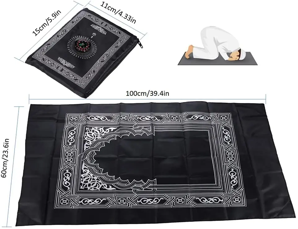 60*100cm Portable Travel Prayer Mat with Compass Qibla Finder Polyester Prayer Rug Portable Islamic Gift for Muslim