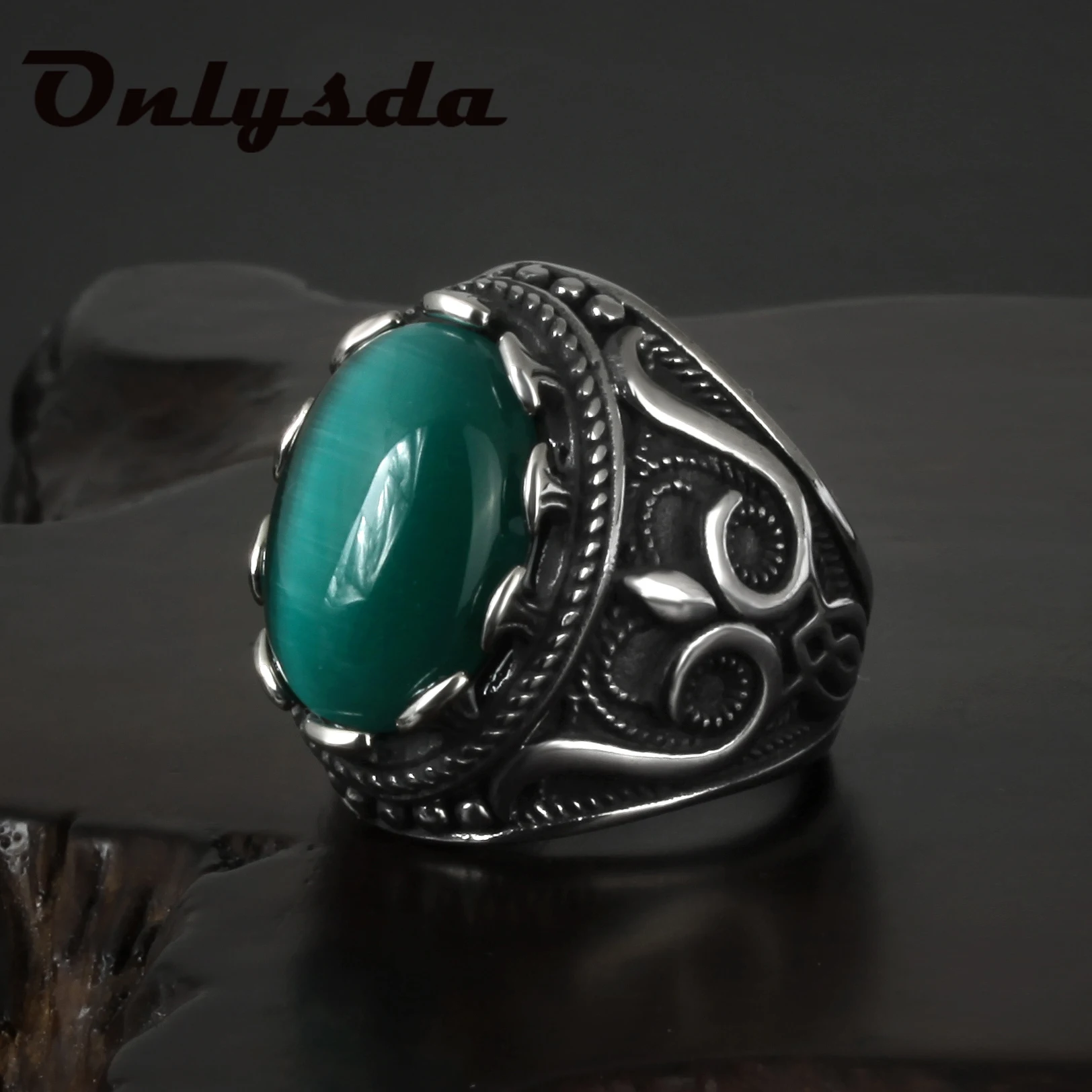 Onlysda Fashion Flower Band Oval Natural Man Ring With Stone For Women Vintage Look Antique Silver Color Men Jewelry Party Gifts