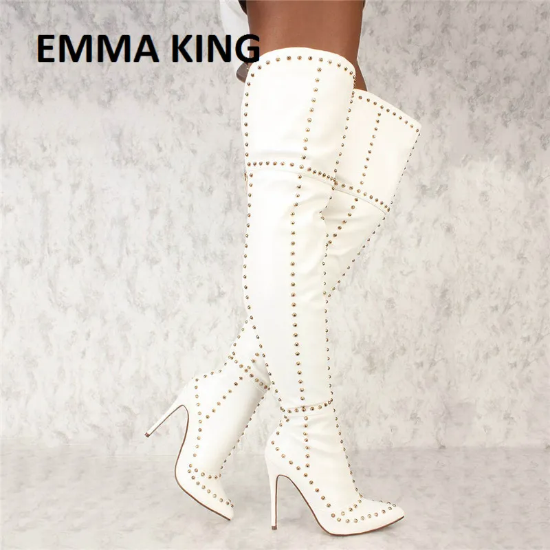 Autumn Winter Women Rivet Embellished Boots White Faux Suede Over the Knee Long Botas Sexy Female Thigh High Shoes Botas Mujer