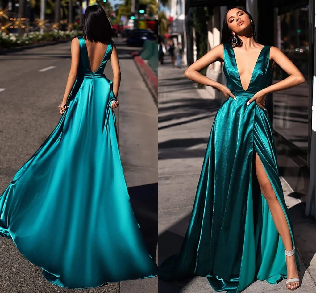 

Hunter Green Slik Satin Sexy V Neck Formal Evening Dress 2023 Vestidos Longo Side Split Prom Party Gowns Robe De Soiree