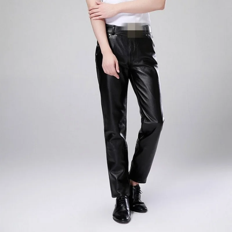 Luxury Men Cowskin Motorcycle Leather Pants Large Size Straight Genuine Leather Trousers New Warm Slim Fit Business Casual Pants