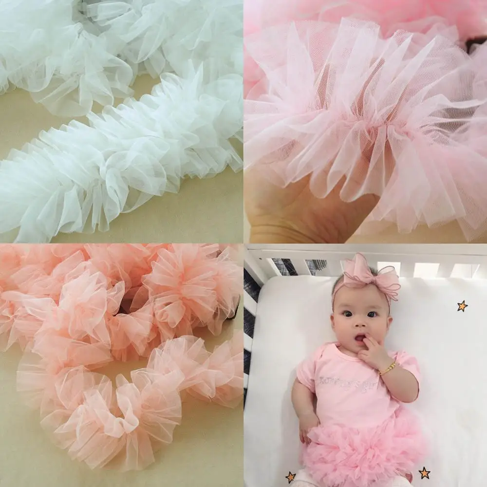 1Meter Long 15cm Wide Pink White Blue Bubble Skirt Ruffled Lace Trim Folds Mesh Lace Fabric For Bloomers, Doll, Tutu Lace Dress