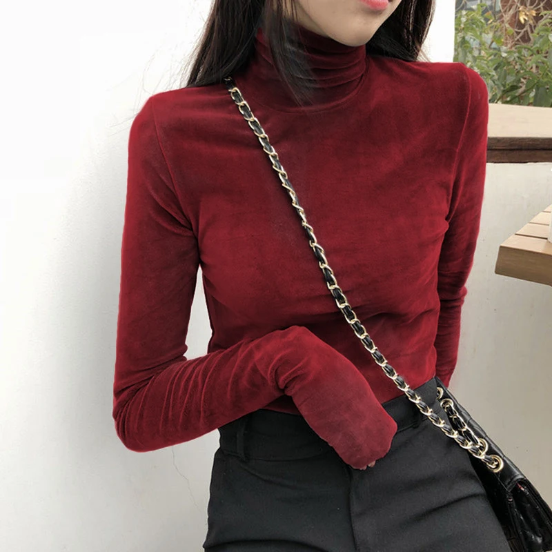 Turtleneck Velvet Tops Women Long Sleeve T Shirts Solid Color 2023 Spring Autumn Velour T-Shirts Women Basic Shirt