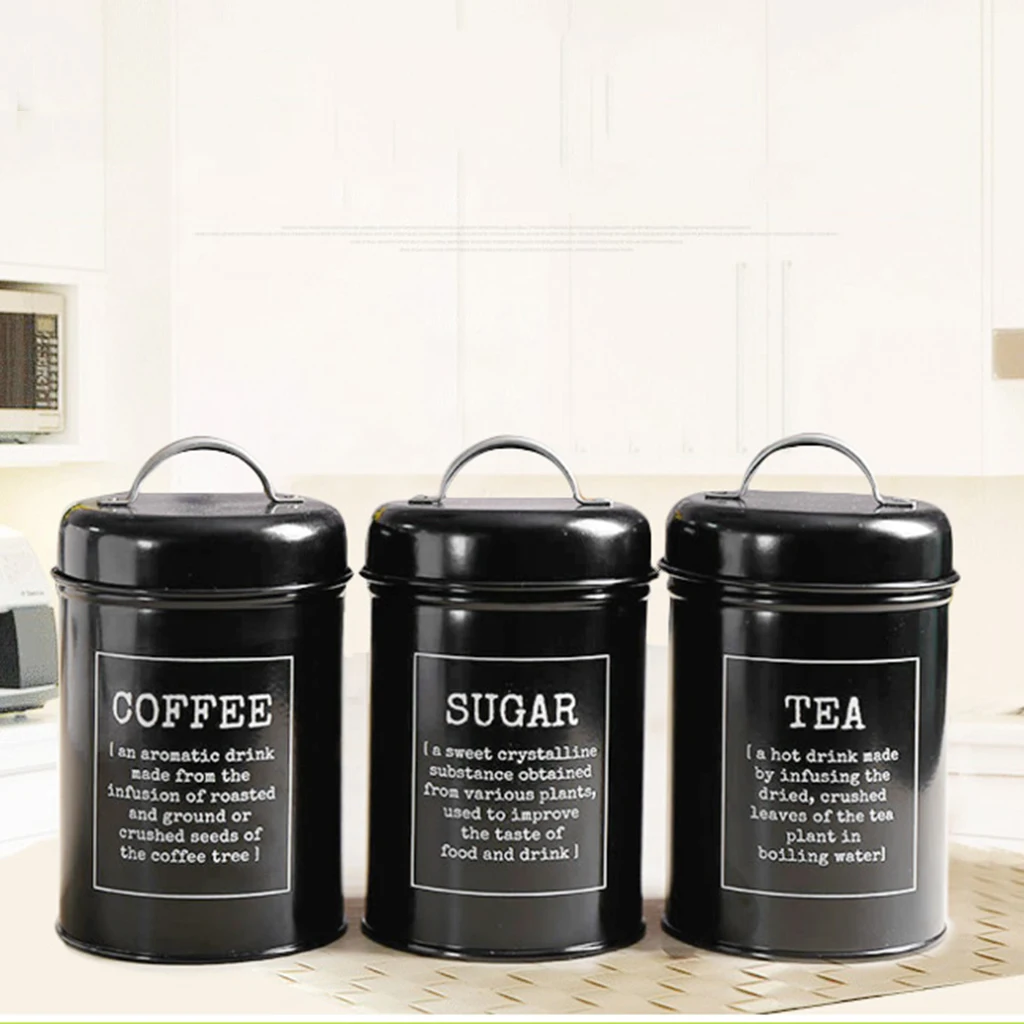 Set Of 3 Tea Coffee Sugar Metal Jar Kitchen Storage Box Food Canister Bins Kitchen Container with Lids