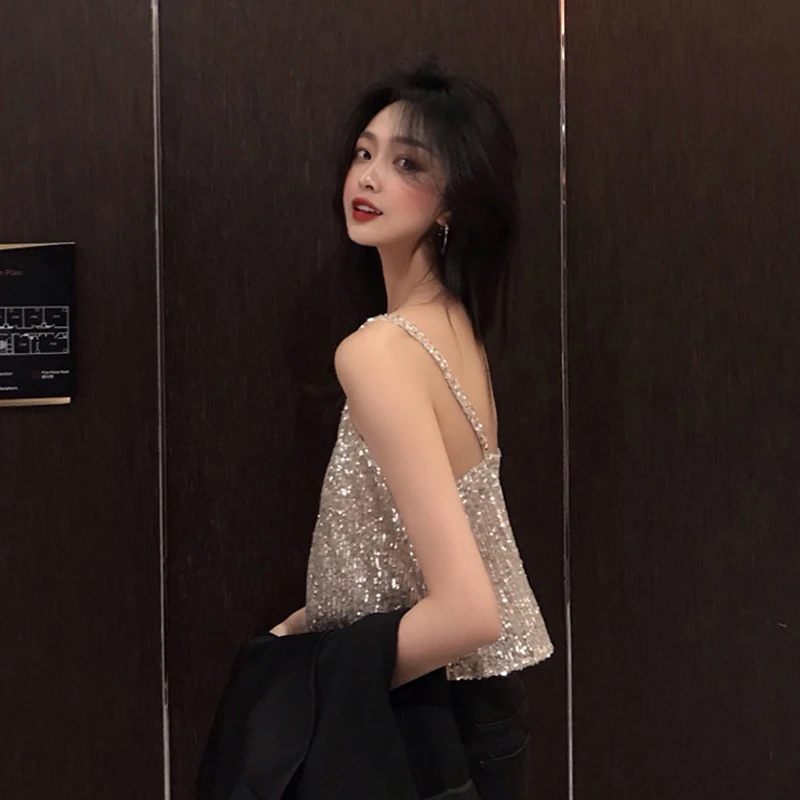 Shining Camisole Sequined Vest Sparkle Sequin Tank Glitter Party Tops Date Party Night Out Streetwear for Teens Girl Summer Tops