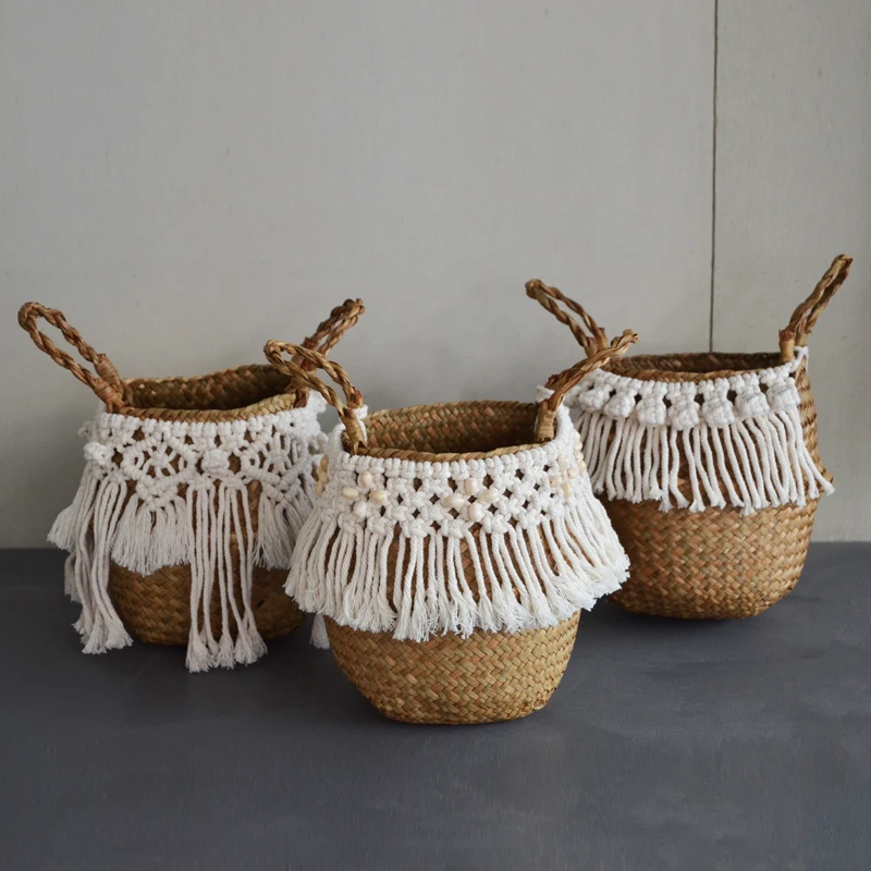 Cestas De Mimbre Decorativas Rattan Basket Bohemian Tassel Wicker Basket Garden with Macrame Tassel Home Organizer Panier Osier