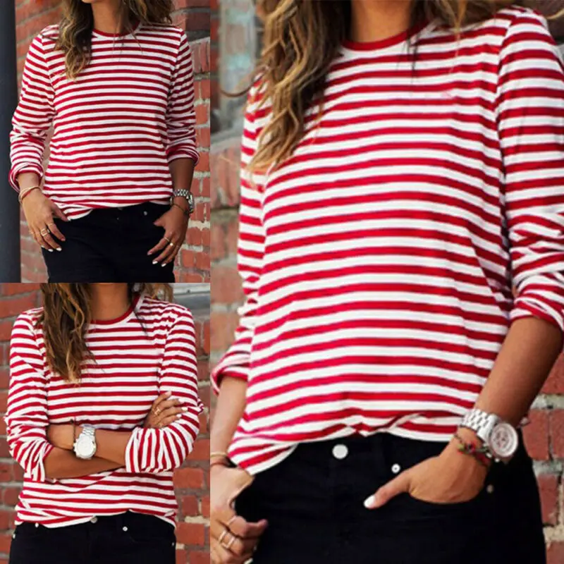 Camiseta informal a rayas rojas para mujer y niña, Tops interiores básicos de manga larga holgados a la moda para verano y primavera