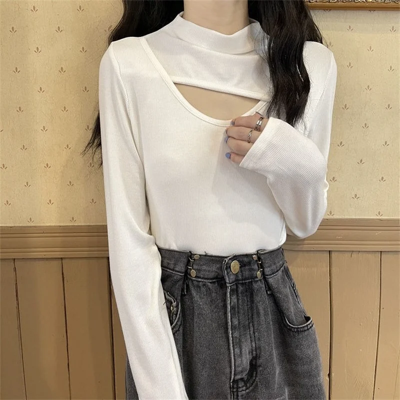 Long Sleeve T-shirts Women Hole Design Tops Slim Tees Female Elegant Leisure Solid Simple 4 Colors Stylish Vintage Tender Chic