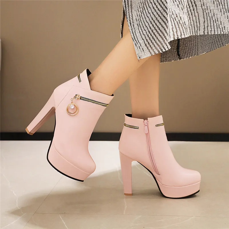 

YQBTDL Fashion Platform Spike High Heels Ankle Boots Female Pink Black White Wedding Party Bride Shoes Autumn Winter Booties 43