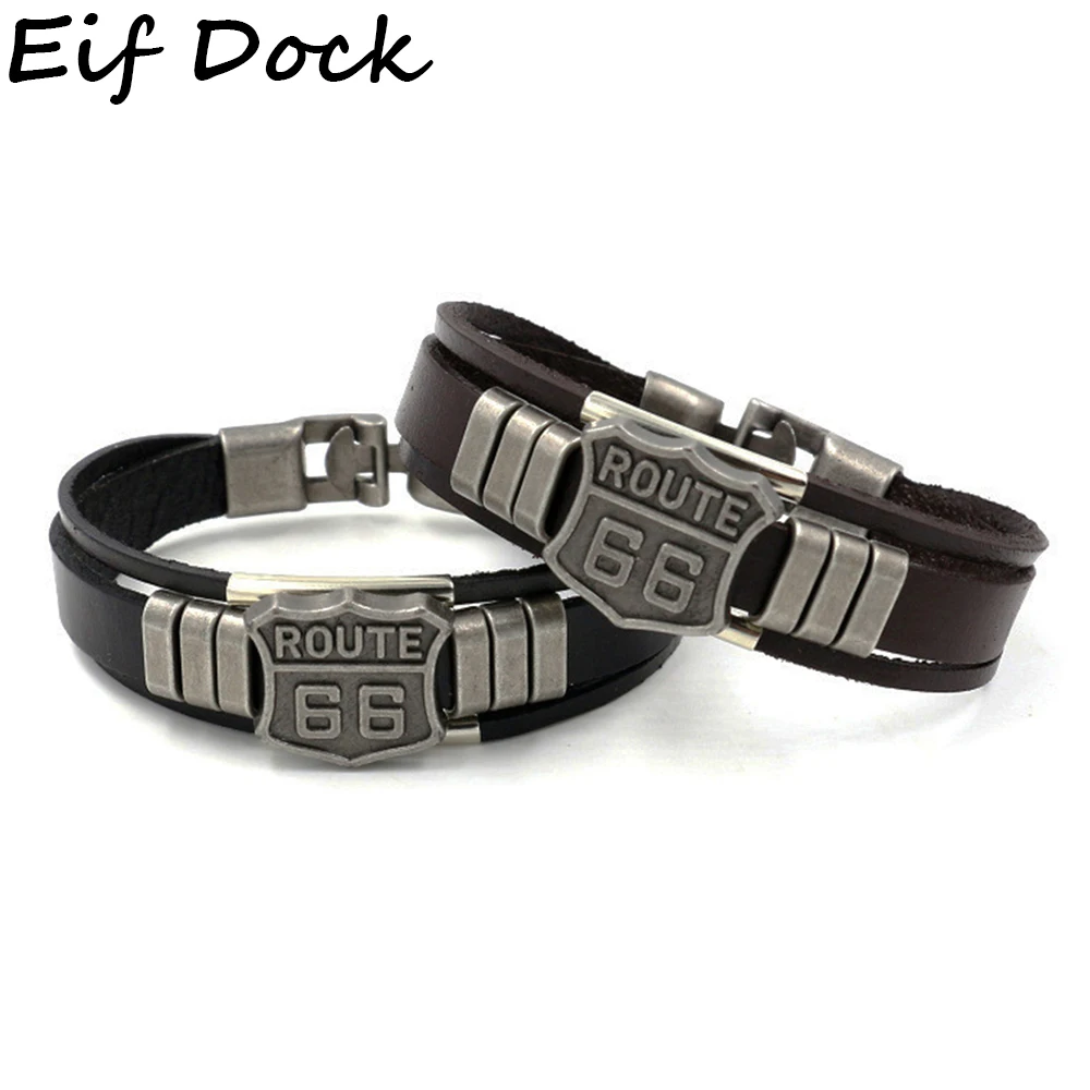 Eif Dock Trendy Leather Bracelet with California Route 66 Road Sign Motorcycle Biker Rider Black Bangles Males Jewelry Dropship