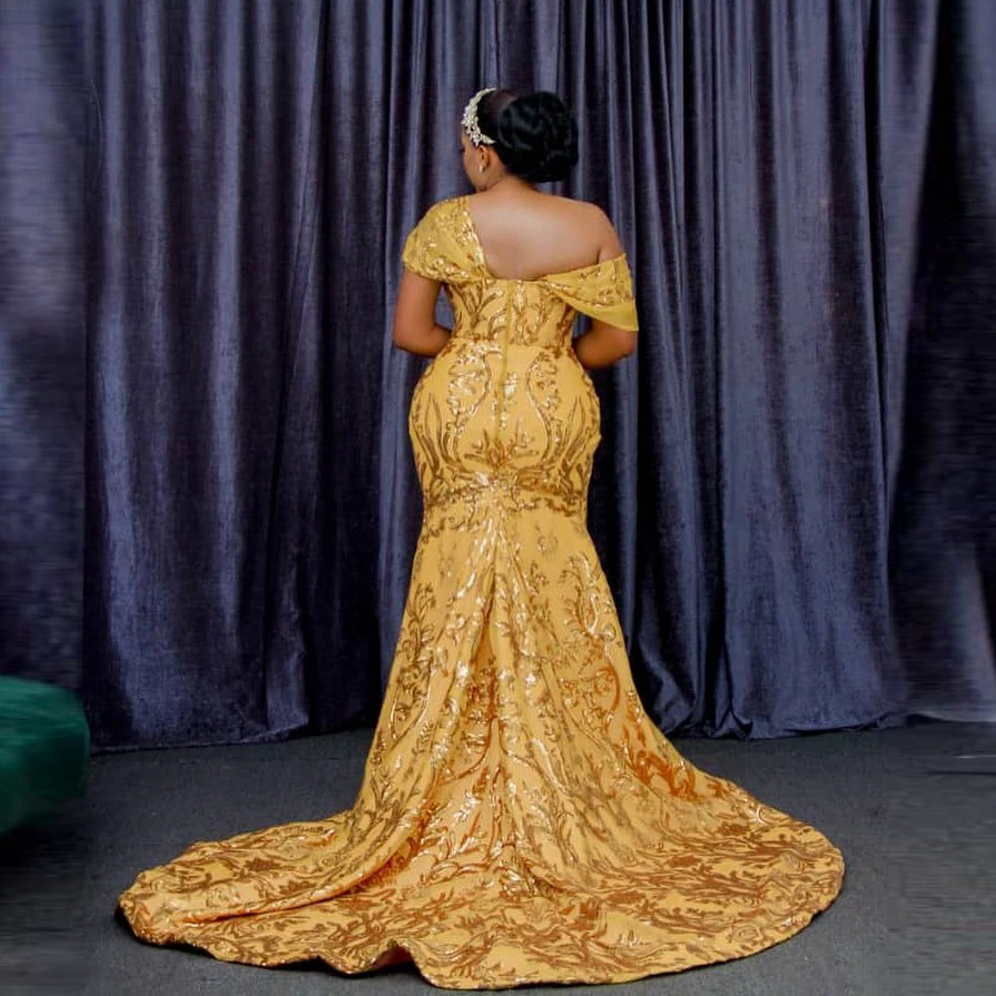 Aso Ebi – robe de soirée de forme sirène, grande taille, longue, en paillettes africaines, avec des Appliques en dentelle, épaules nues brillantes