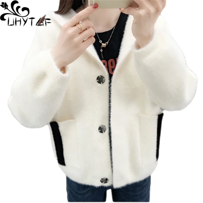 

UHYTGF Fashion Hooded Autumn Winter Sweaters Jacket Women Imitation Mink Fleece Knitted Coat Female New Cardigan Short Tops 1179