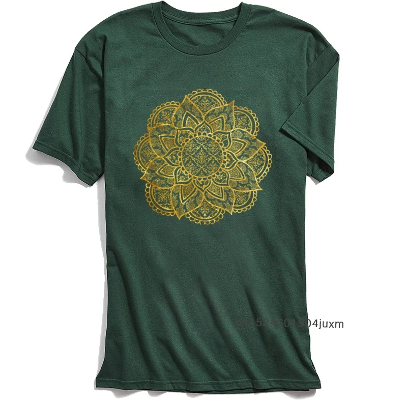 Punk Men Tshirt Green T Shirt Mandala Fancy Golden Geometric T-shirts 100% Cotton O Neck Mens Tops Tees Vintage Design