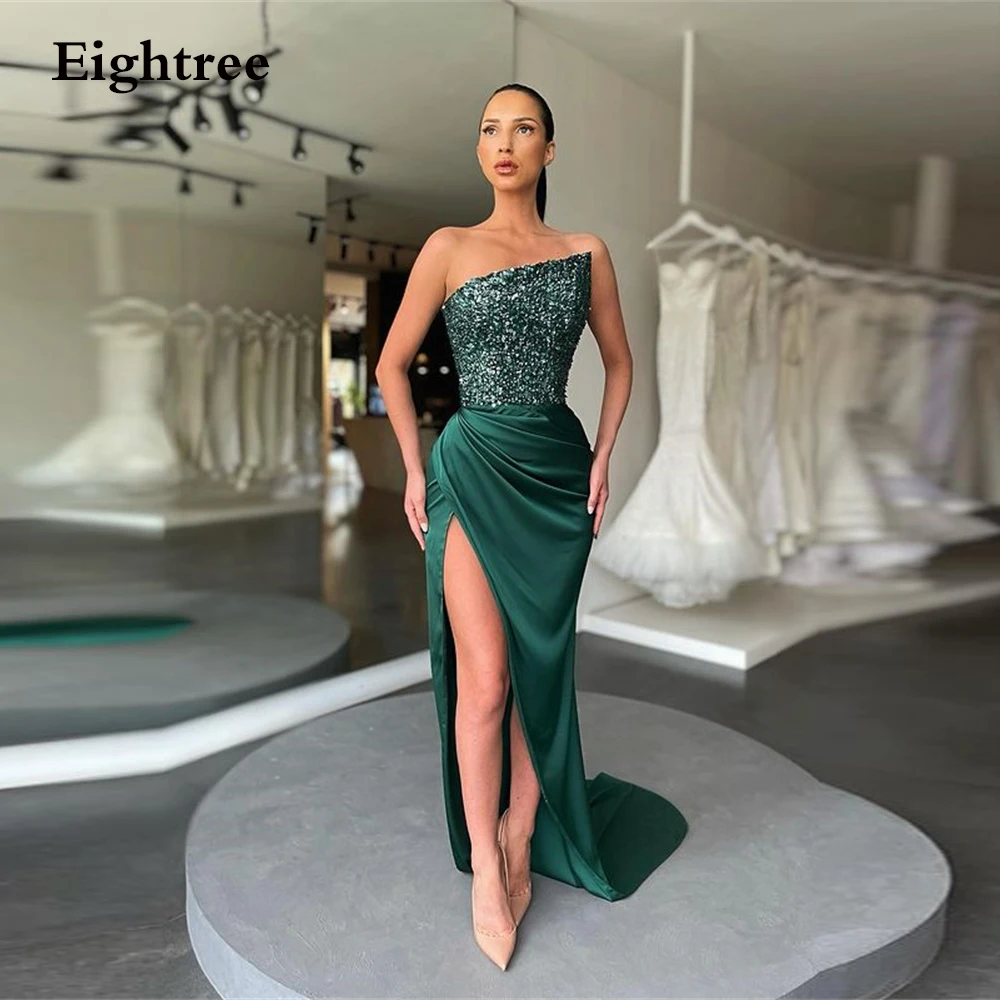 Eightree Sparkly Royal Green Long Side Slit Club Prom Dress Gown Sleeveless Sequins Shiny Bling Night Party Evening Dresses