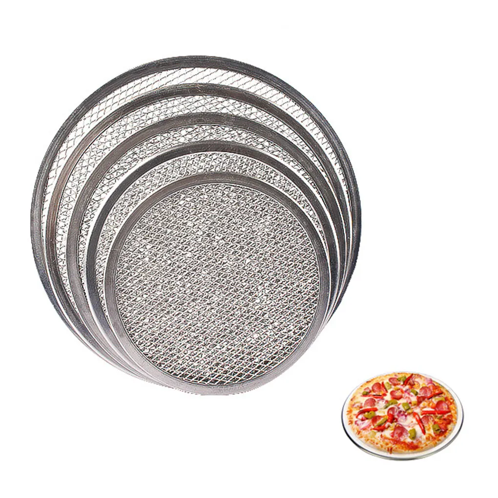 Pantalla redonda de aluminio para hornear Pizza, bandeja de corteza fina, sartén de alambre de aluminio, herramienta para hornear Pizza, 1 unidad