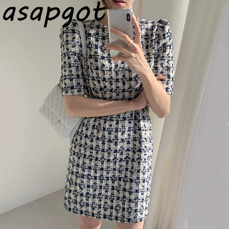 Asapgot Fashion Chic Autumn Lady Light Mature O Neck Waist Slim Puff Short Sleeve A-line Plaid Tweed Dress Women Mini Vestido