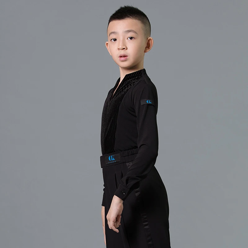 Fashion Latin Dance Costumes For Boys Black Long Sleeve Stitching Velvet Shirts Ballroom Chacha Latin Practice Dance Wear DN7118