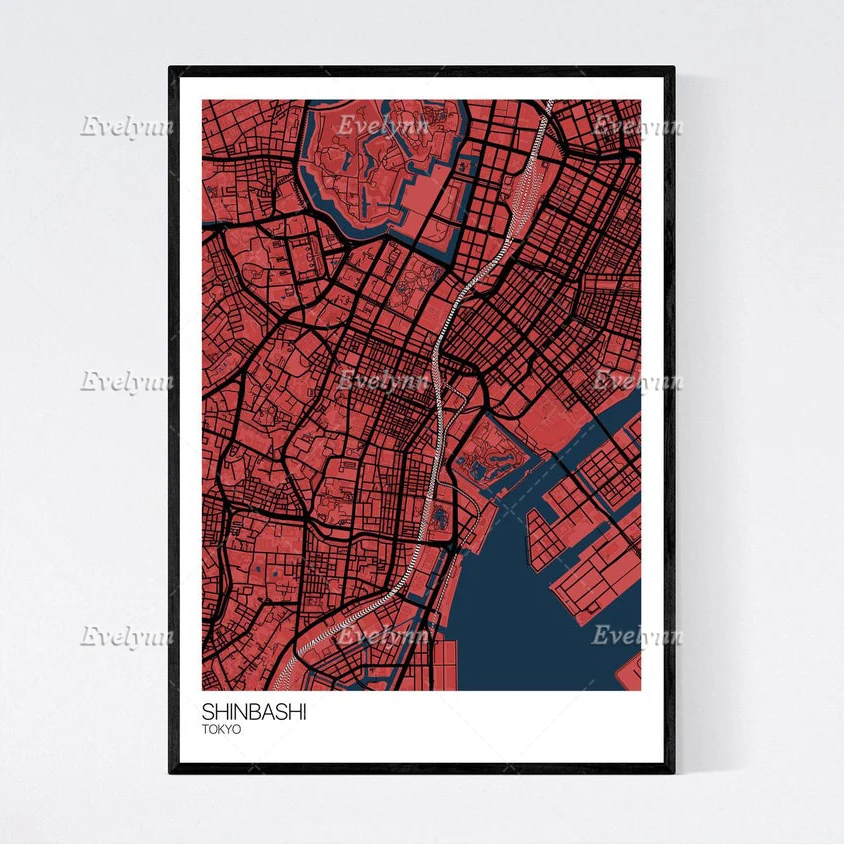 Shinbashi, Tokyo Map  Nordic Retro Minimalism Painting Posters and Prints on Canvas Wall Art  Modular Pictures Home Decor Gift