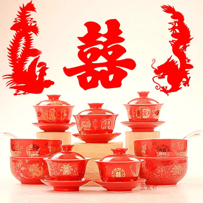 

Китайские свадебные красные чай чаша капюшон в виде дракона; Феникс "Двойное счастье керамическая чаша для вина чехол утварь подарок празднование брака