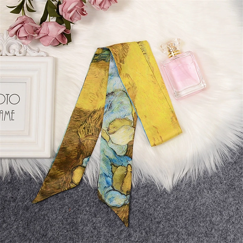 Art abstract Van Gogh series scarf ladies luxury print twill tied bag handle small ribbon fashion long turban headband shawl BS2