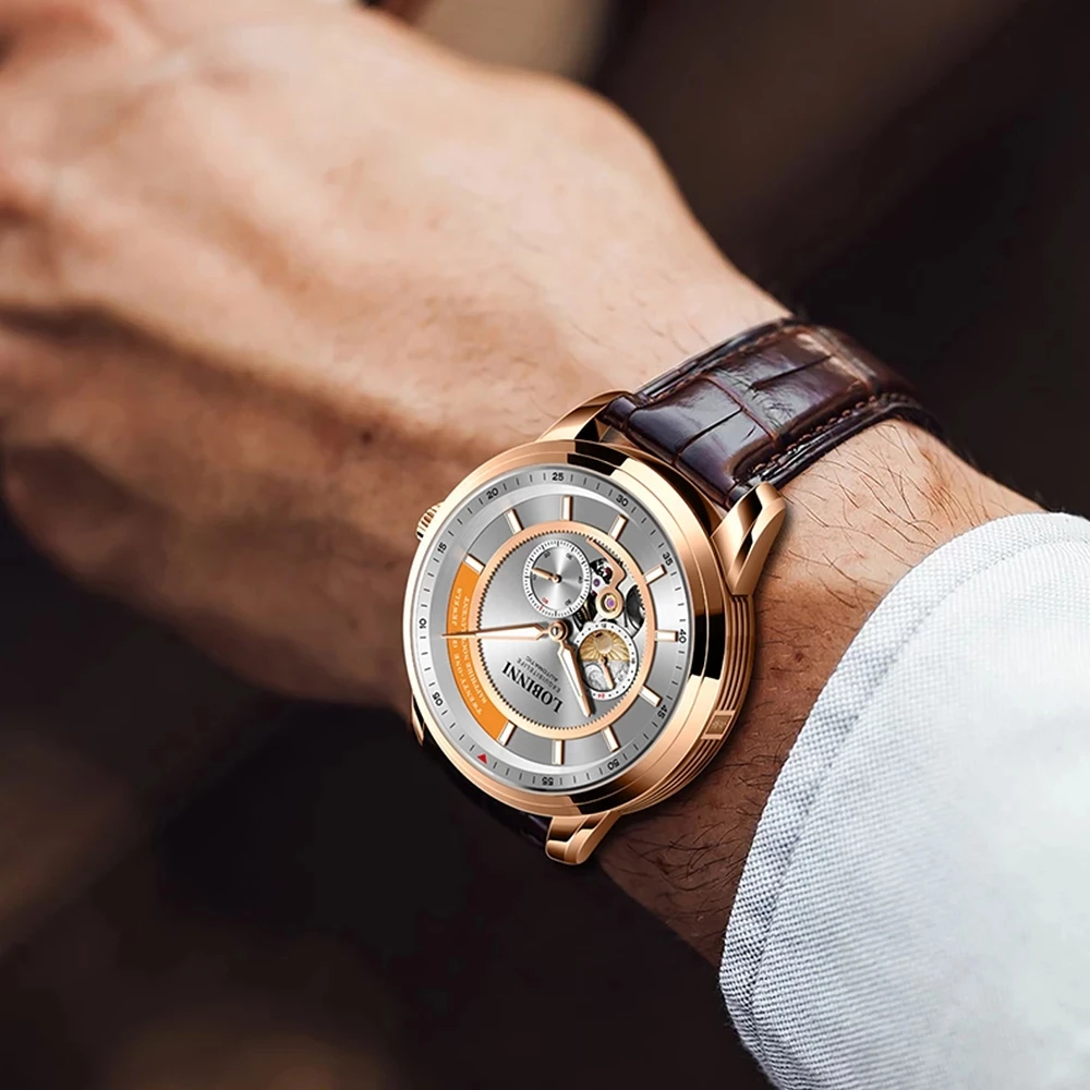 LOBINNI العلامة التجارية الفاخرة الرجال فستان ساعة الياقوت الزجاج مقاوم للماء الساعات التلقائي ساعة ميكانيكية ميوتا حركة على مدار الساعة