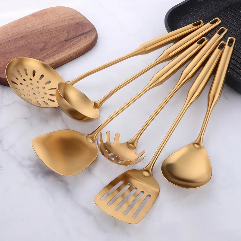 1PCS Stainless Steel Gold Cooking Tools Anti-Slip Handle Kitchen Utensils Set Turner Ladle Spoon Home Restaurant Accessories