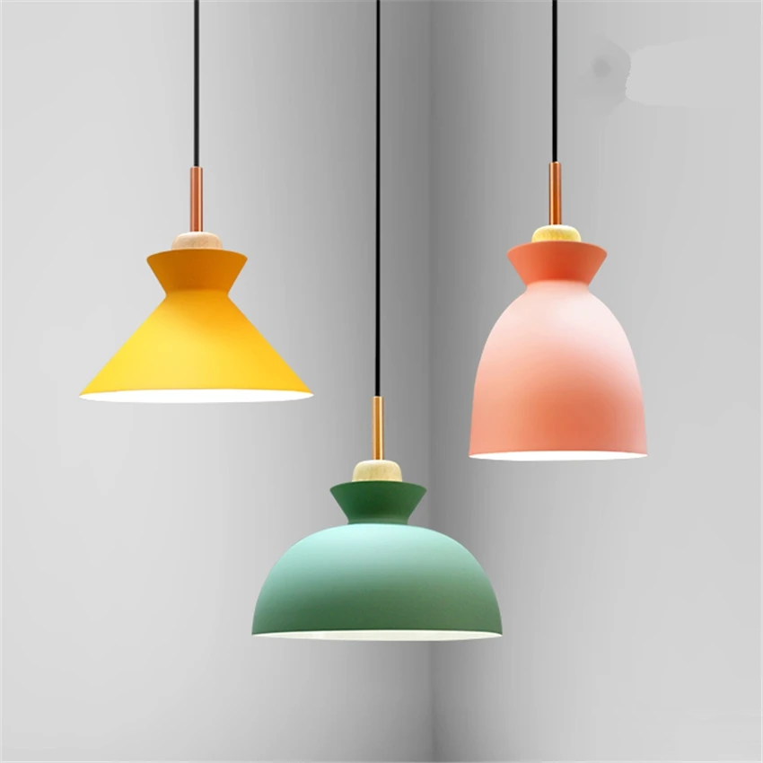 

Nordic Candy-colored Iron Pendant Lights Bedroom Living Room Modern Dining Room Lamps Wood Bar Cafe Deco Pendant Lamps Fixtures