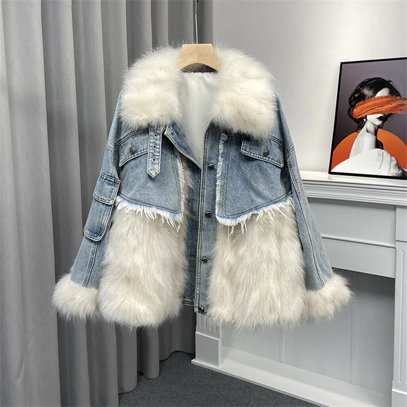 2023 Winter New Patchwork Fur Denim Parka for Women Fashion Chic Genuine Raccoon Fur Coat Lady Short Furry Jacket High Quality