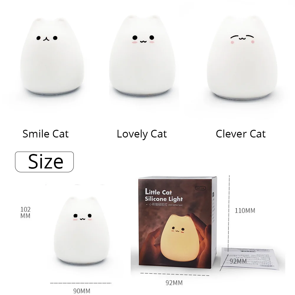 Lampe de chevet en Silicone, chat mignon, avec capteur tactile, alimenté par batterie, 7 couleurs, décoration de Table changeante, cadeau pour