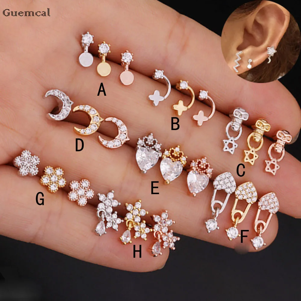 

Guemcal 2pcs New Product Diamond-studded Flower Moon Straight Rod Threaded Ball Ear Bone Nail Piercing Jewelry