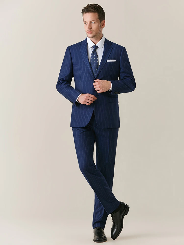 100% 130S Wool Suit Set Men Groom Wedding Dress Clothing Deep Blue Stripe Slim Style Single Breasted Business Man Formal Wear 44