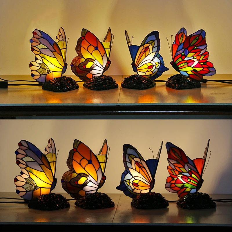 SAROK Butterfly Table Lamp Tiffany DIY Glass Table Light Bedroom Bedside Living Room Decoration Night Light