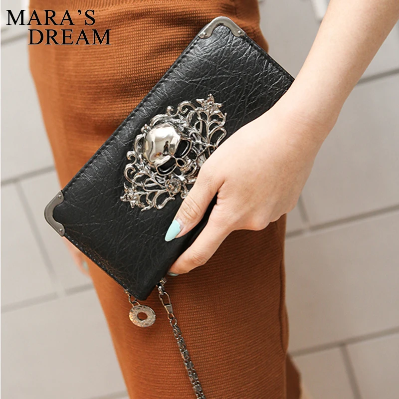 Mara\'s Dream Long Wallets Fashion Metal Skull Pattern PU Leather Women Wallets Portable Casual Lady Cash Purse Card Holder  Gift