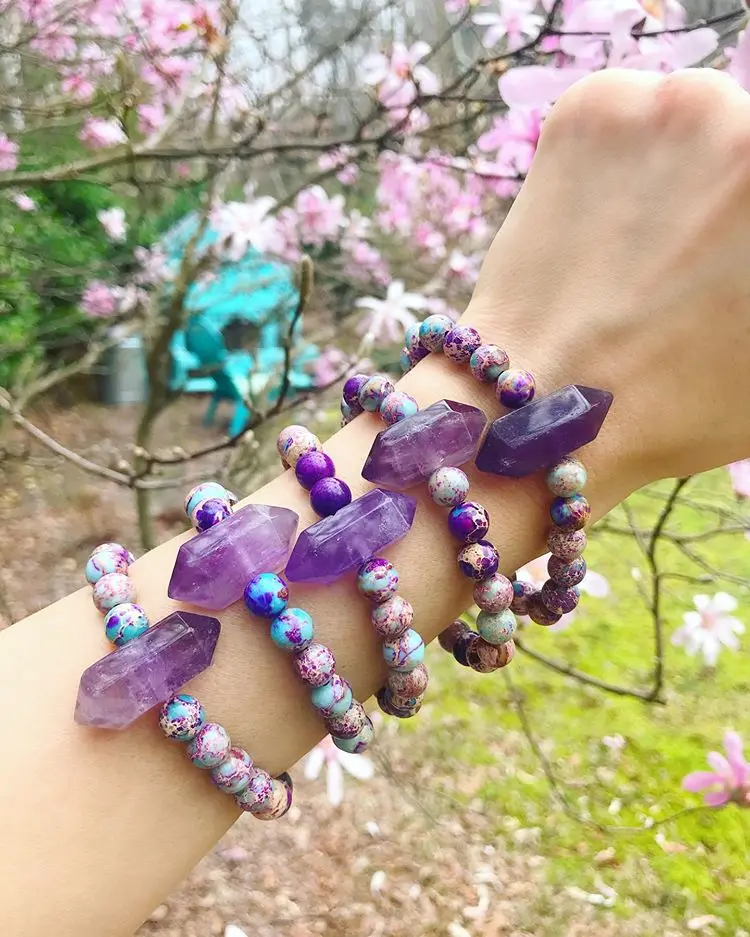 

5pcs/Lot Natural Amethysts Quartz Double Point 8mm Sea Sediment Jaspers Round Beads Elastic Stretch Bracelet Handmade Jewelry