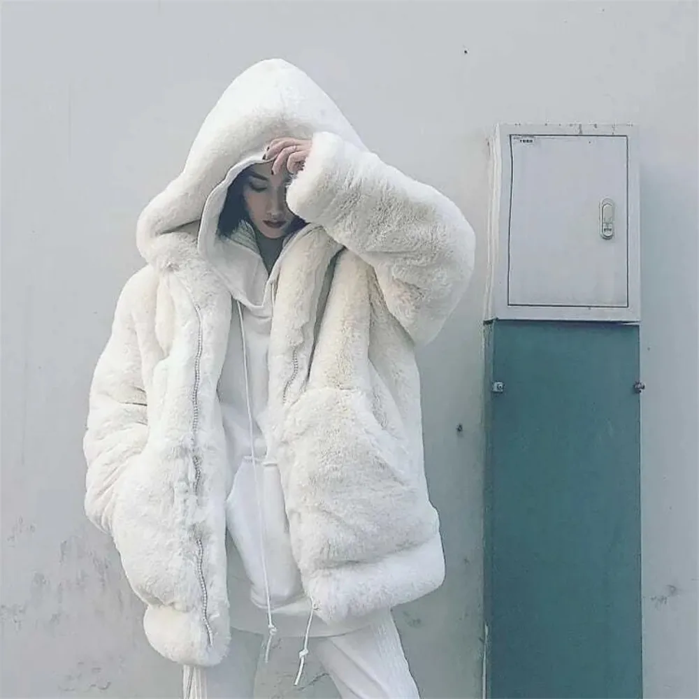 Women Gothic Black Soft Hooded Fur Coat Winter Faux Fox Fur Furry Luxury Fake Fur Jacket High Quality Female Jacket Thick Coat