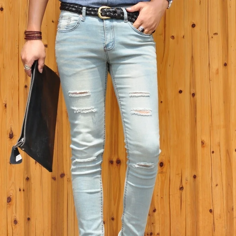 

Ripped Hole Light Blue Mens Denim Pants Fashion Stretch Shinny Cowboy Trousers Korean New Brand Casual Pencil Pants Streetwear