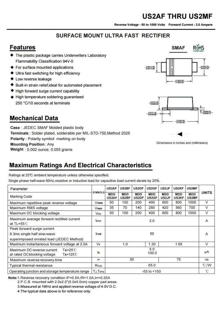 100PCS US2AF US2BF US2DF US2GF US2JF US2KF US2MF  50V 100V 200V 400V 600V 800V 1000V SMAF 2A Ultra Fast Rectifier