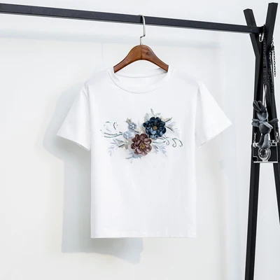 Mulheres verão 3d flores 2 peças ternos novo algodão branco tshirt topo e borla denim saia bordado conjunto de lantejoulas