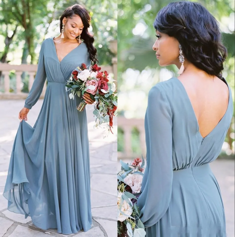 

Bohemia V Neck Blue Chiffon Long Bridesmaid Dresses Long Sleeves Ruched Floor Length Plus Size Wedding Guest Maid of Honor Dress