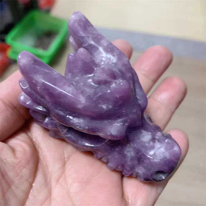 

Natural Lepidolite Crystal Handmade Carved Dragon Head Skull Polished Powerful Animal Statue Home Decoration Gift 1pcs